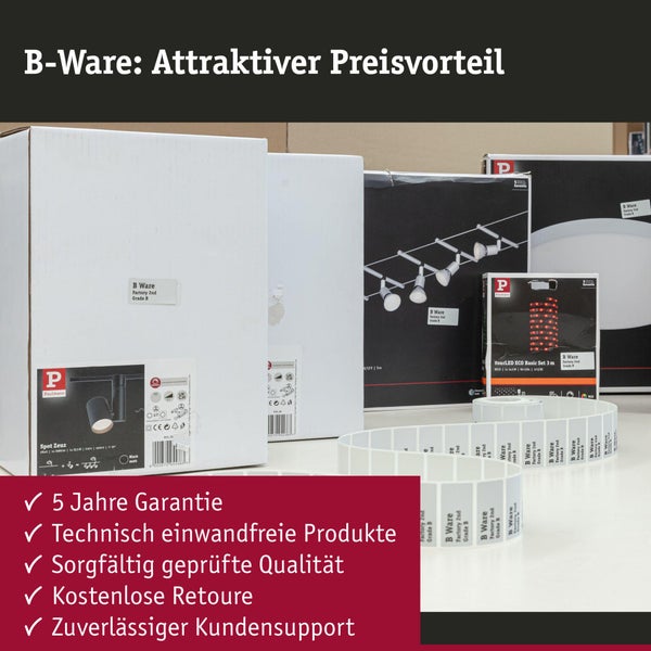 Verschiedene Paulmann Beleuchtungsprodukte als B Ware in Originalverpackung mit Etiketten auf einer Rolle.