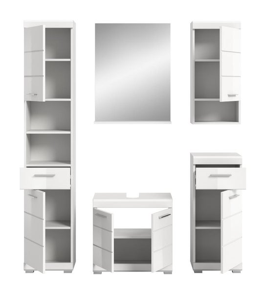 Weißes Badmöbel-Set mit Hochschrank, Spiegel, Waschbeckenunterschrank, Hängeschrank und Unterschrank, teilweise geöffnete Türen und Schubladen.