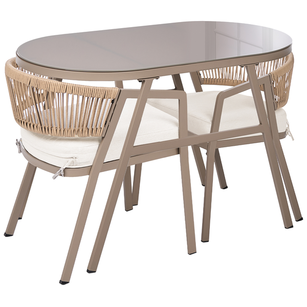 Gartentischgruppe mit Glasplatte und zwei Stühlen mit Flechtmuster