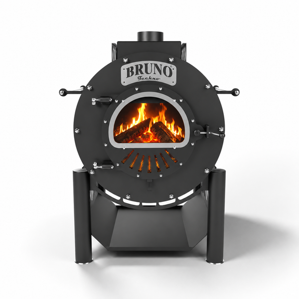 Bruno Techno Holzofen mit Sichtfenster und brennendem Feuer auf einem Ständer