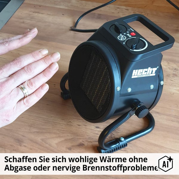 Hecht Elektro Heizlüfter für den Innenbereich mit Tragegriff auf einem Holztisch stehend