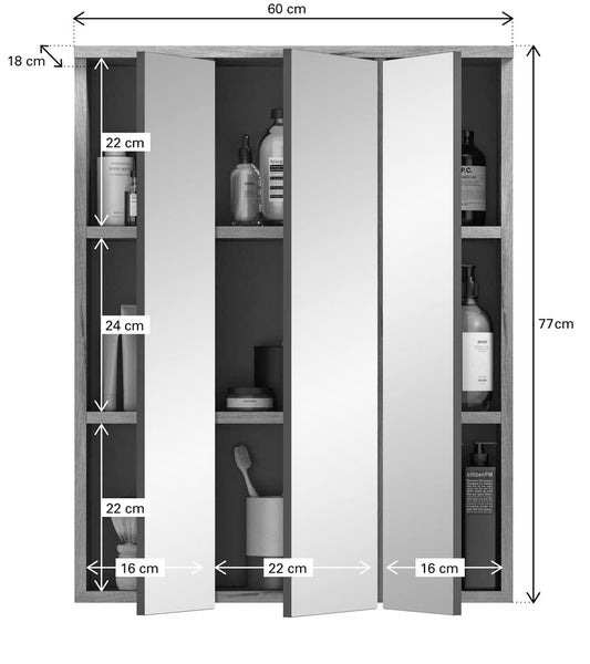 Mason Spiegelschrank Bad 3 Türen Eiche dekor. 60 X 18 X 77 cm