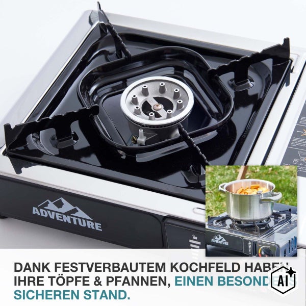 Adventure Gaskocher mit fest verbautem Kochfeld für einen sicheren Stand von Töpfen und Pfannen beim Camping.