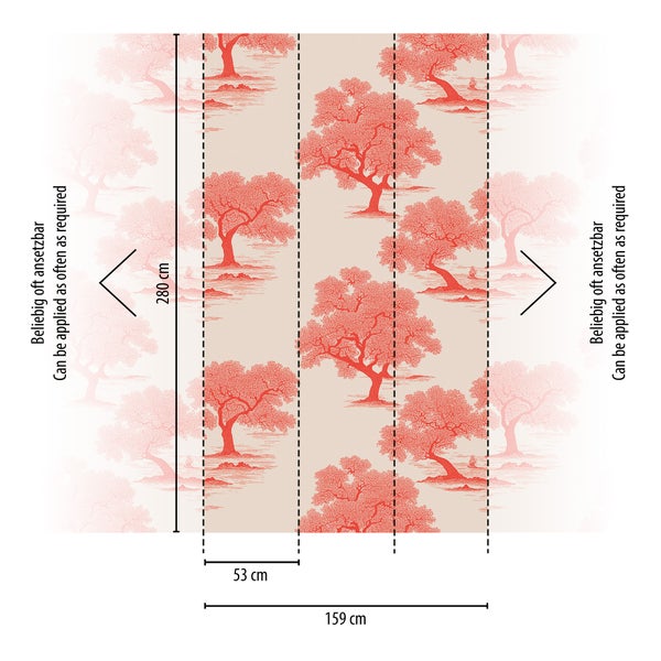 Vliestapete mit Baummotiv, Höhe 280 Zentimeter, Gesamtbreite 159 Zentimeter, einzelne Bahnen 53 Zentimeter breit, beliebig oft ansetzbar.