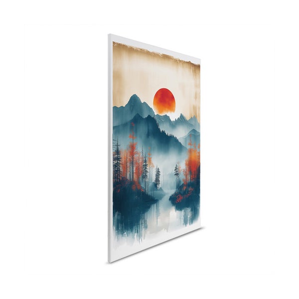 Dekorative Leinwand mit einer Landschaftsmalerei von Bergen, Bäumen und einem See bei Sonnenaufgang