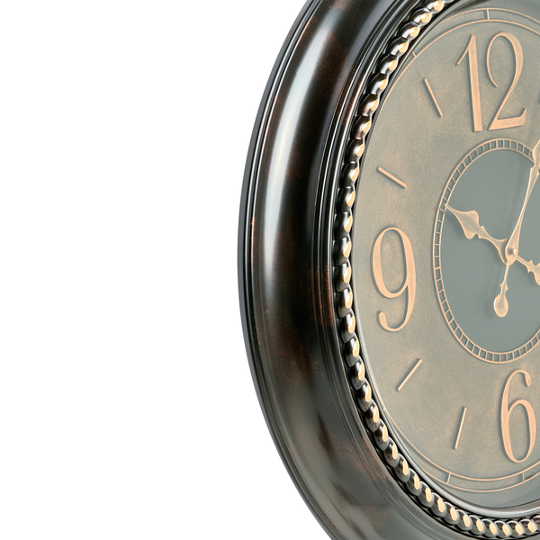 Rückseite einer runden Wanduhr mit Uhrwerk und Aufhängung