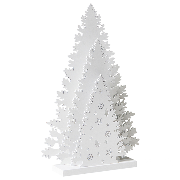 Dekorativer Weihnachtsbaum aus Holz mit ausgeschnittenen Sternen und Schneeflocken als Tischdekoration