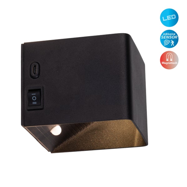 Akku-Wand-Leuchte CUBE magnetisch, ca 10 x 10 cm, aus schwarzem Metall, mit Bewegungssensor