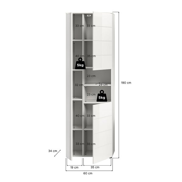 Vira Hochschrank Bad 3 Türen 2 Fächer weiß Hochglanz, weiß. 60 X 34 X 190 cm