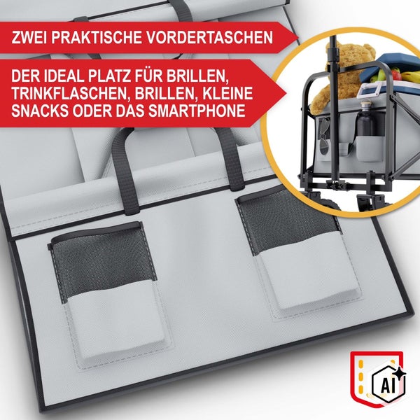 Zwei praktische Vordertaschen an einem Bollerwagen für Zubehör wie Trinkflaschen oder Smartphones zur optimalen Verstauung unterwegs.