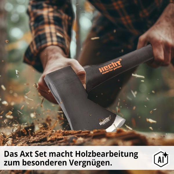 Eine Person nutzt eine Hecht Axt um Holz zu spalten, mit fliegenden Holzspänen bei der Arbeit.