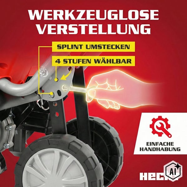 Grafik zeigt werkzeuglose Verstellung der Schnitthöhe per Splint in 4 Stufen bei einem Hecht Gartenmäher.