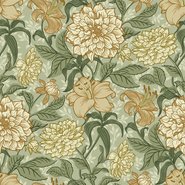 ESTAhome Tapete Blumenmuster Grün und Ockergelb - 53 cm x 10.05 m - 139379