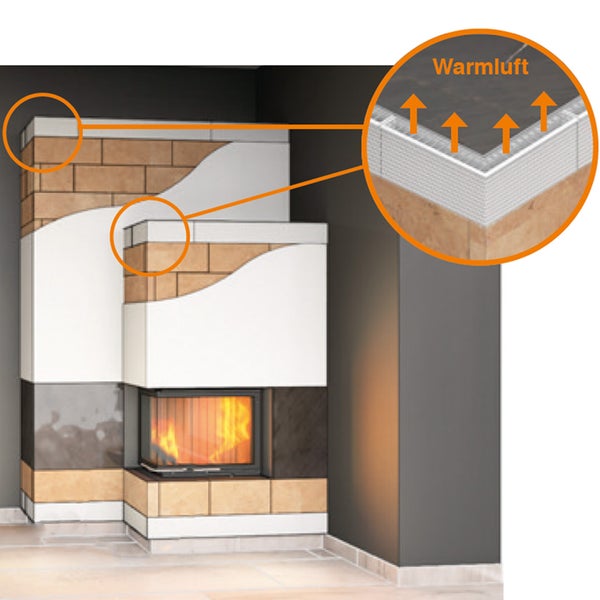 Kamin mit Warmluftgitter und schematischer Darstellung der Wärmeabgabe durch den oberen Luftauslass.