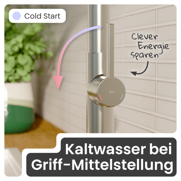 Armatur mit Kaltstartfunktion und Hinweis zum Energiesparen