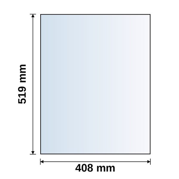 Maßzeichnung einer rechteckigen Fläche mit 519 Millimeter Höhe und 408 Millimeter Breite.