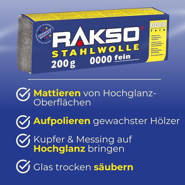 Rakso Stahlwolle 200 Gramm, Sorte 0000 fein, hergestellt in Deutschland, zum Mattieren, Polieren von Holz sowie Reinigen von Kupfer, Messing und Glas.