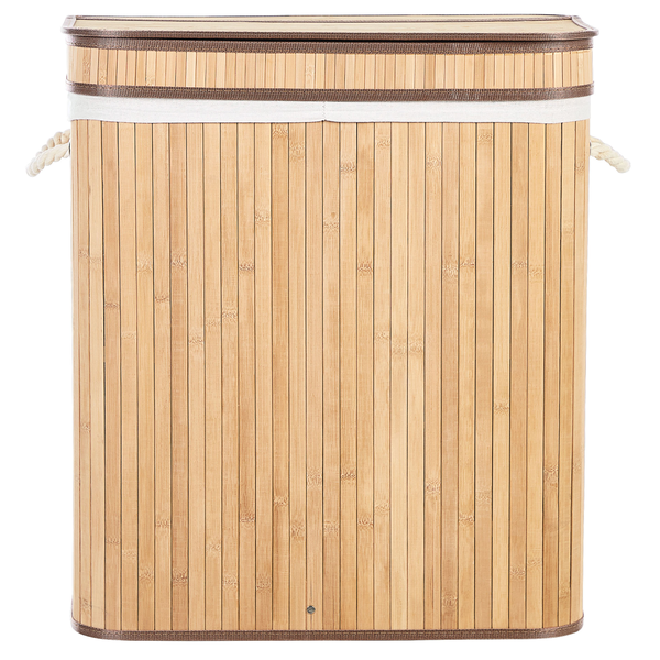 Wäschekorb aus Bambus mit Deckel, Stoffeinsatz und Seilgriffen.