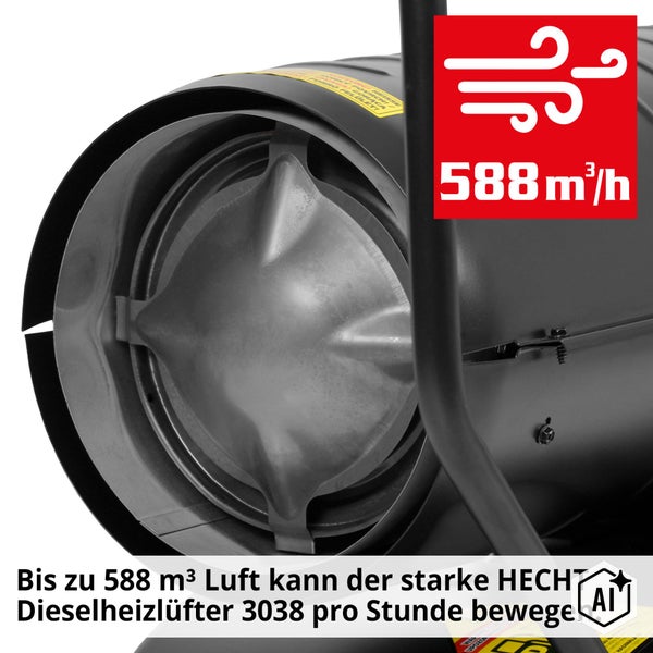 HECHT Dieselheizlüfter 3038 mit einem Luftdurchsatz von 588 Kubikmetern pro Stunde.
