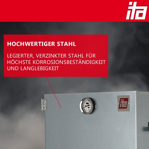 Räucherschrank aus legiertem, verzinktem Stahl mit Thermometer und ITA Logo.