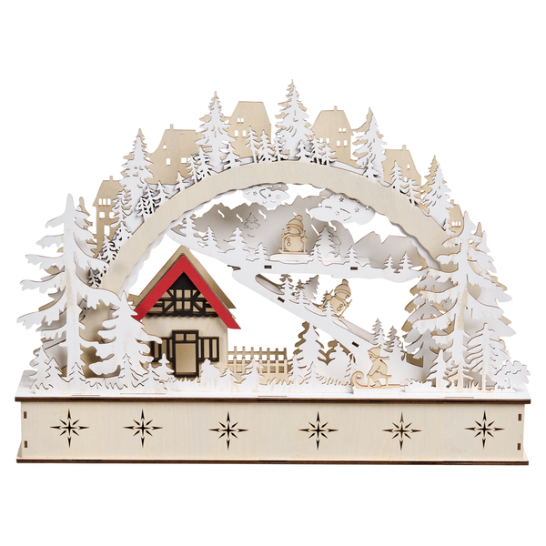 Weihnachtsleuchter aus Holz mit Winterdorfmotiv