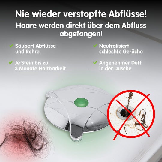 Abflussreiniger und Haarsieb für die Dusche. Verhindert Verstopfungen, reinigt Rohre und neutralisiert Gerüche. Haltbarkeit bis zu 3 Monate.