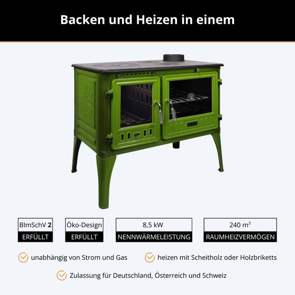 Grüner Holzherd zum Backen und Heizen, 8,5 Kilowatt, 240 Kubikmeter Heizvermögen, erfüllt Bundes-Immissionsschutzverordnung und Öko-Design.