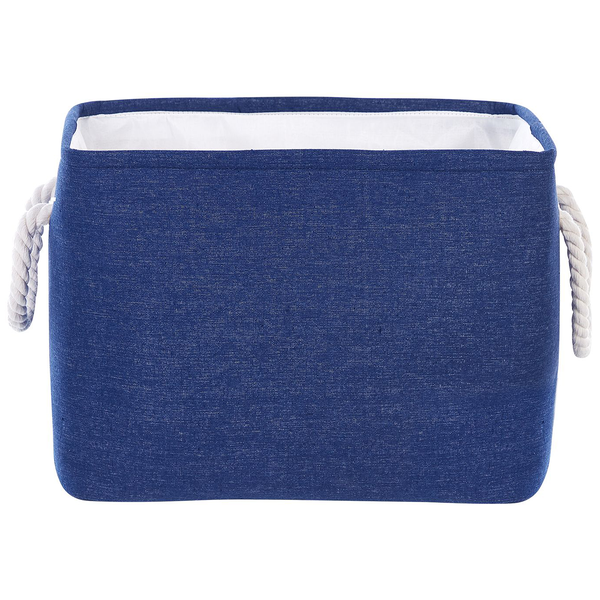 Rechteckiger Aufbewahrungskorb aus blauem Stoff mit Seilgriffen und weißem Innenfutter.