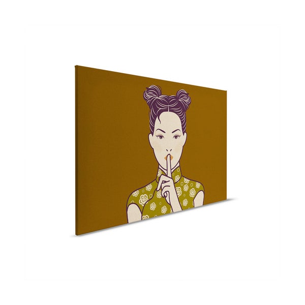 Leinwandbild mit einer Frau, die den Finger an die Lippen legt