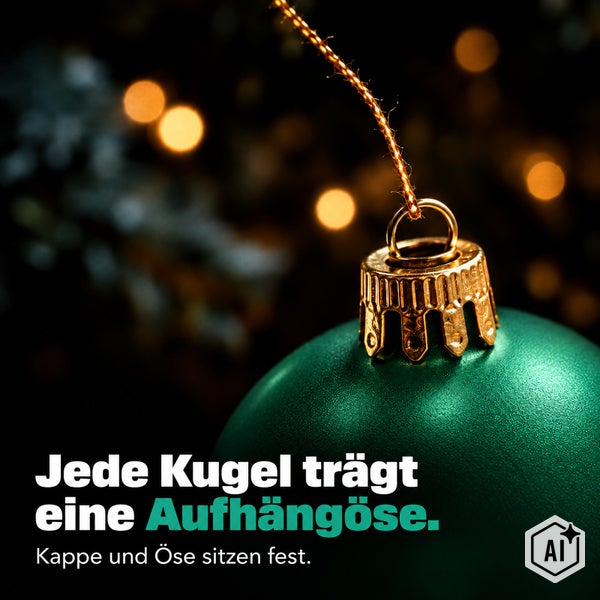 Weihnachtskugel mit fest sitzender Aufhängeöse und Kappe zur Befestigung am Weihnachtsbaum.