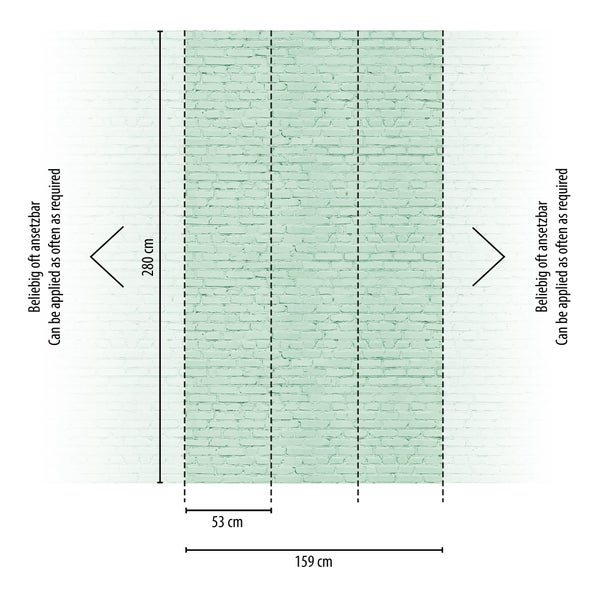 Fototapete mit Backstein-Optik, Höhe 280 Zentimeter, Breite 159 Zentimeter, 3 Bahnen je 53 Zentimeter, beliebig oft ansetzbar.