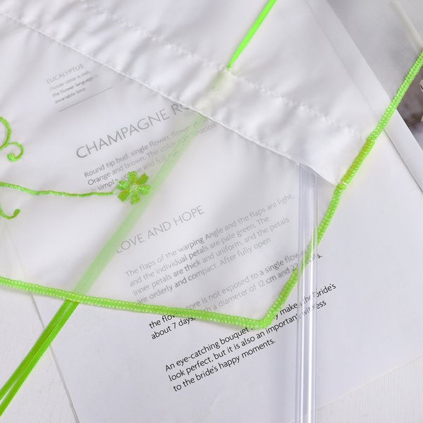 Detailaufnahme eines Dekorationstuchs mit aufgedruckten Texten und grüner Ziernaht