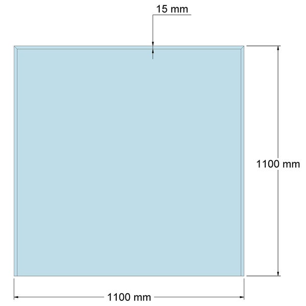 Technische Zeichnung einer quadratischen Glasscheibe mit den Maßen 1100 Millimeter mal 1100 Millimeter und einer Rahmenbreite von 15 Millimeter.