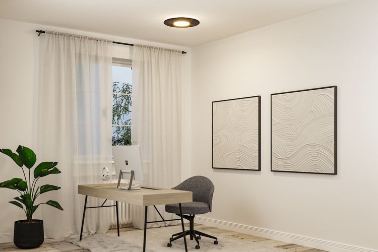 Helles, modern eingerichtetes Arbeitszimmer mit Schreibtisch, Bürostuhl, Zimmerpflanze und zwei Wandbildern an einer schlichten weißen Wand.