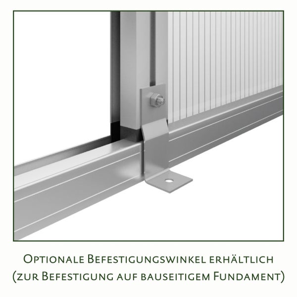 Befestigungswinkel aus Metall zur Verankerung eines Gewächshausrahmens auf einem bauseitigen Fundament.
