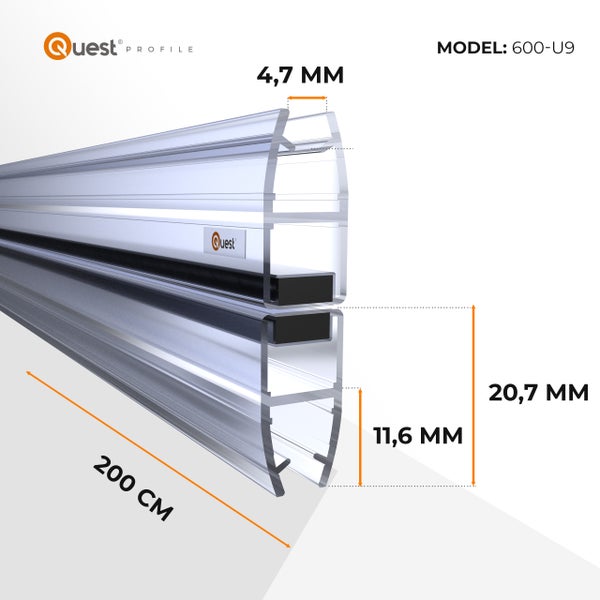 Quest Profil Modell 600-U9, 200 cm Länge, 4,7 mm Breite, 20,7 mm Höhe, 11,6 mm Tiefe