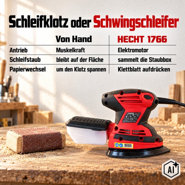 Elektrischer Deltaschleifer mit integrierter Staubfangbox und Filter für sauberes Arbeiten auf einer Werkbank.