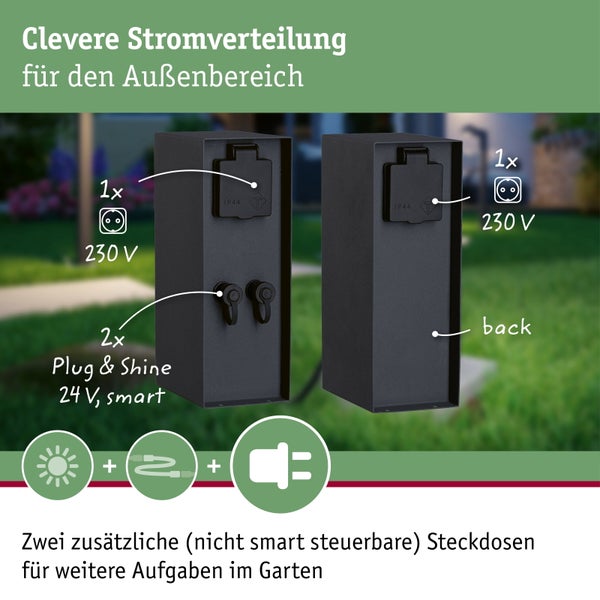 Stromverteiler für den Außenbereich mit einer Steckdose für 230 Volt und zwei Anschlüssen für Plug und Shine mit 24 Volt.