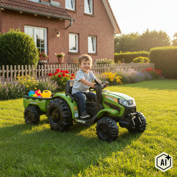 Kind fährt mit einem Spielzeugtraktor mit Anhänger durch einen sonnigen Garten vor einem Backsteinhaus.