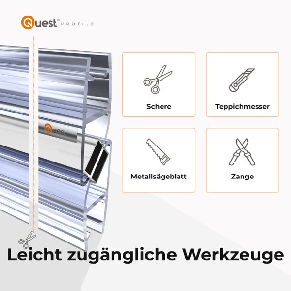 Quest Profile Logo. Kunststoffprofil bearbeitbar mit gängigen Werkzeugen wie Schere, Teppichmesser, Metallsägeblatt oder Zange.