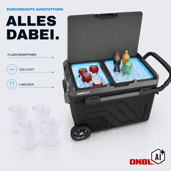 Elektrische Kühlbox von Onbest mit Rollen, integriertem Flaschenöffner, LED Beleuchtung und vier Bechern zur Aufbewahrung von Getränken.