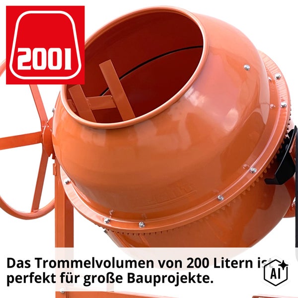 Betonmischer mit 200 Liter Trommelvolumen für Bauprojekte und 2001 Logo