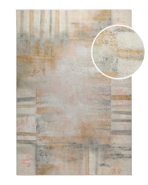 Moderner Teppich mit abstraktem Muster in Grau, Gelb und Rosa und Detailansicht der Textur.