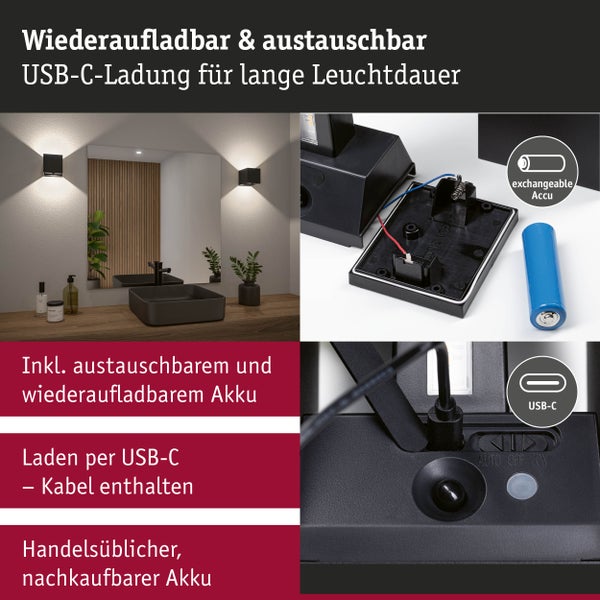 Lieferumfang einer quadratischen Wandleuchte mit Montageplatte, Klebepad, Akku und USB Ladekabel inklusive Maßangaben.