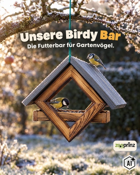 Holzfutterhaus zum Aufhängen für Gartenvögel im winterlichen Garten mit Meisen Zooprinz Logo