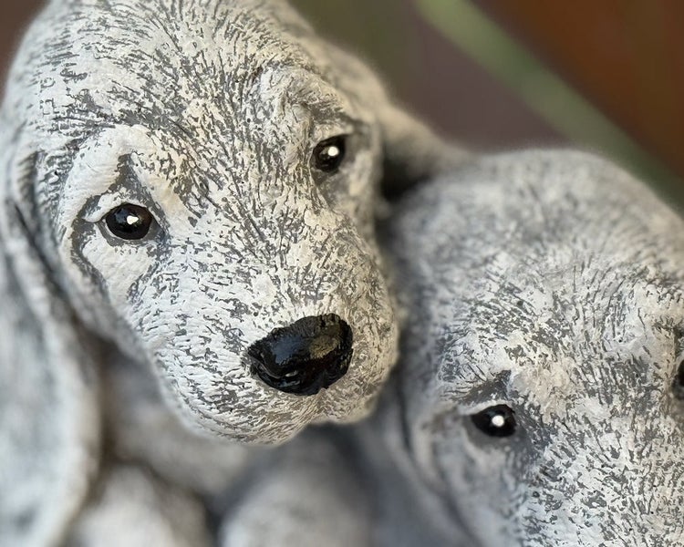 Nahaufnahme einer dekorativen Hundefigur aus Steinguss, die zwei detailreiche Welpengesichter zeigt.