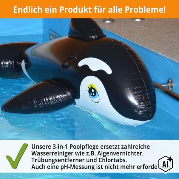 Aufblasbarer Orca in einem Swimmingpool als Symbolbild für 3 in 1 Poolpflege zur Wasseraufbereitung ohne zusätzliche Produkte.