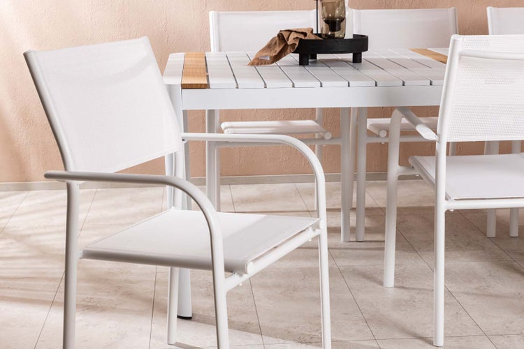 Togo Gartenset Tisch 100x200cm weiß, 6 Stühle Santorini weiß. 100 X 200 X 75 cm