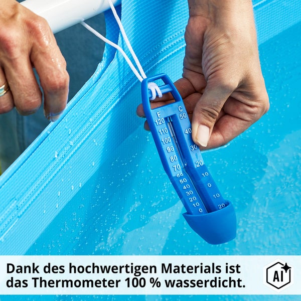 Poolthermometer mit Skala in Celsius und Fahrenheit, schwimmfähig an einer Schnur befestigt, zur Messung der Wassertemperatur im Pool.