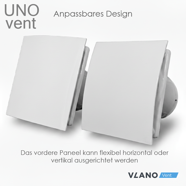 Zwei weiße Vlano Vent Uno Ventilatoren mit anpassbarem Design.